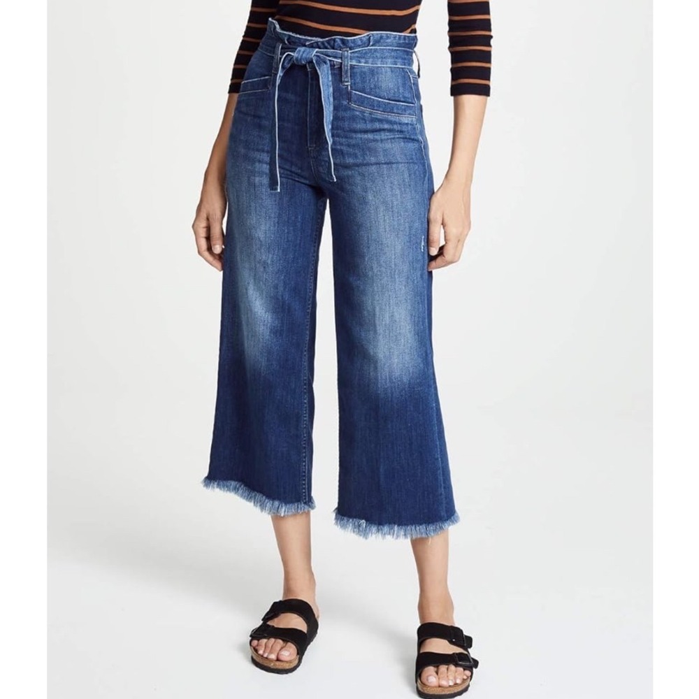 PAIGE Sutton Crop Paperbag Waistband Jeans Blue Wide Leg Raw Hem Size 30